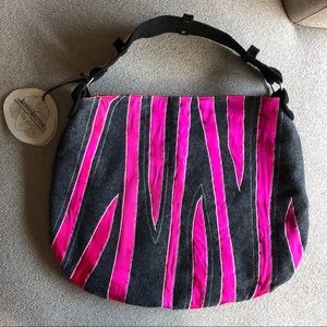 Charcoal grey hobo tote bag with pink stripes